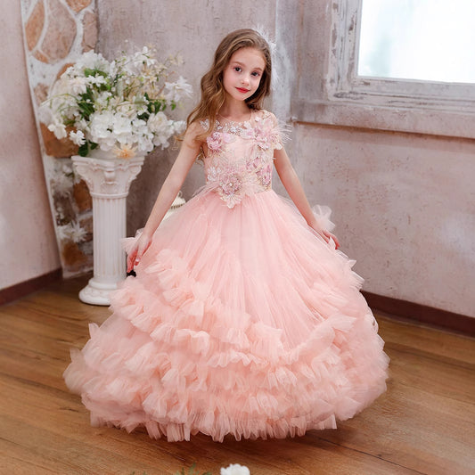Floral Lace Appliqué Tulle Ball Gown for Girls Layered Ruffle Princess Party Dress