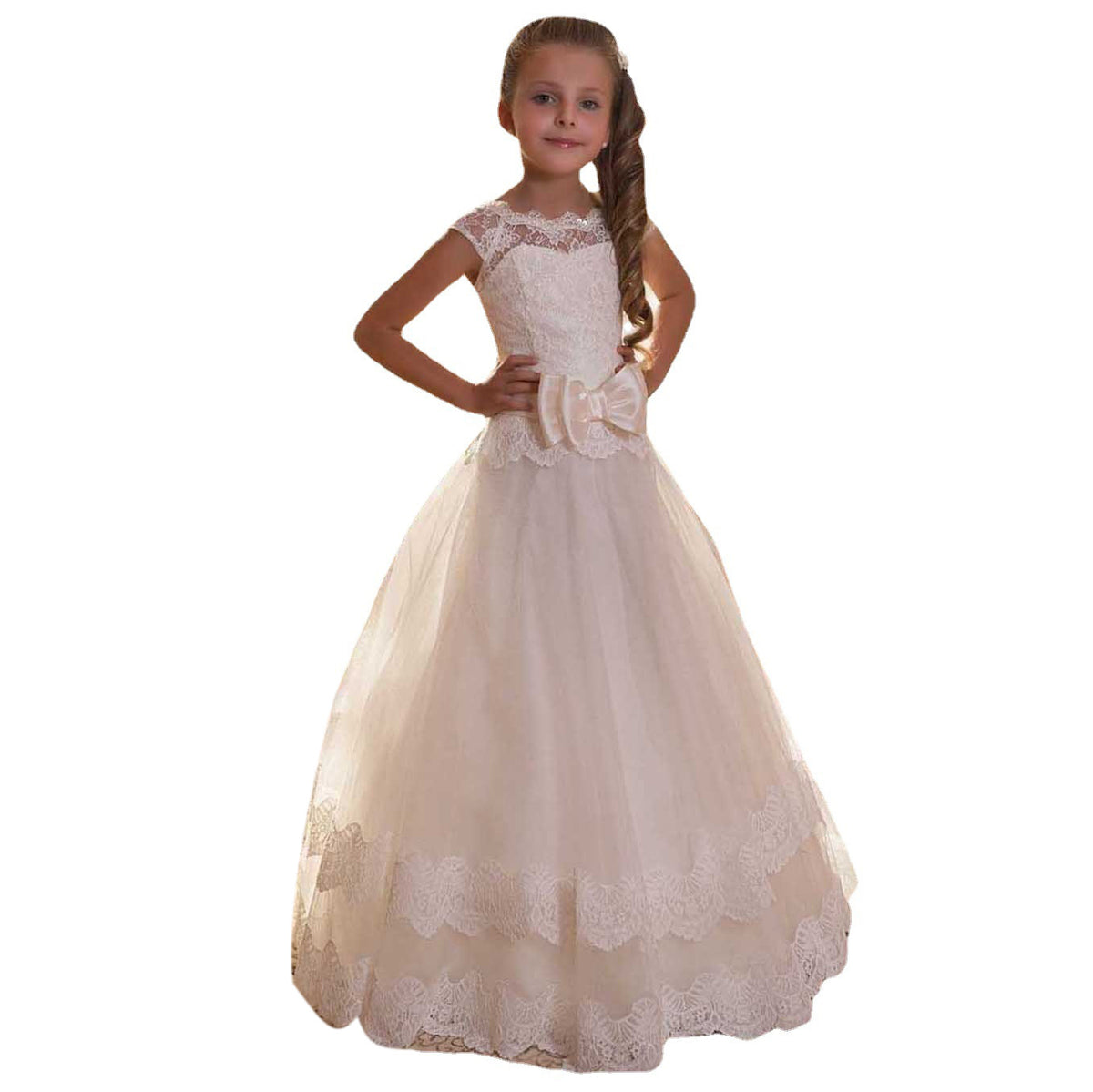 Communion Dress Flower Girl Dress for Wedding with bow Sleeveless Long lace Puffy Dress for Prom