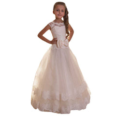 Communion Dress Flower Girl Dress for Wedding with bow Sleeveless Long lace Puffy Dress for Prom