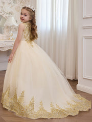 Gold Lace Flower Girls Pageant Dresses for Wedding Long Puffy Prom Tulle Pageant Ball Gown princess girls dress