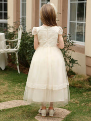 Short Sleeve Flower Girl Dress Lace Princess Dress with Sash Crew Neck Party Dress