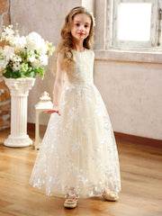 Floral Embroidered Tulle Maxi Dress for Girls Sleeveless Princess Party Dress with Bow