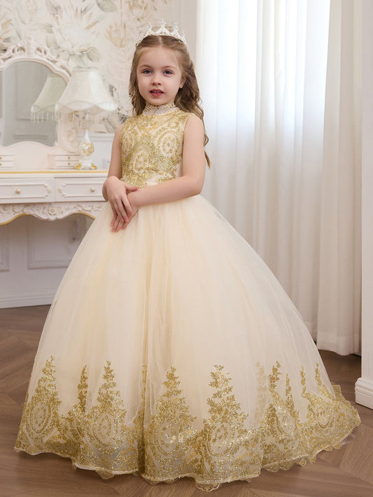 Gold Lace Flower Girls Pageant Dresses for Wedding Long Puffy Prom Tulle Pageant Ball Gown princess girls dress