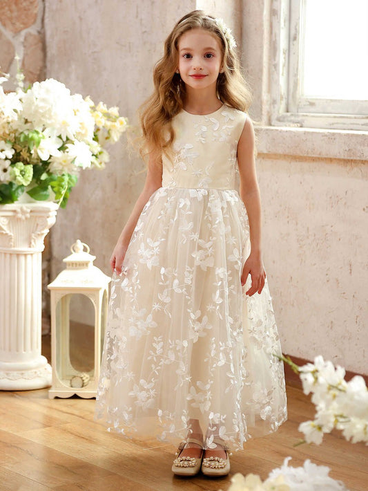 Floral Embroidered Tulle Maxi Dress for Girls Sleeveless Princess Party Dress with Bow
