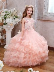 Floral Lace Appliqué Tulle Ball Gown for Girls Layered Ruffle Princess Party Dress