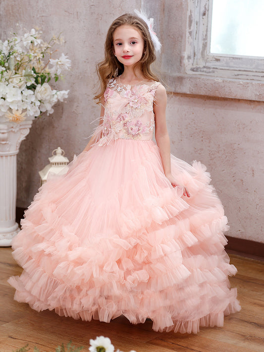 Floral Lace Appliqué Tulle Ball Gown for Girls Layered Ruffle Princess Party Dress