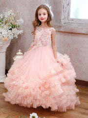 Floral Lace Appliqué Tulle Ball Gown for Girls Layered Ruffle Princess Party Dress