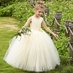 Sleeveless A Line Princess Dress for Girls Cute Flower Girl Dresses Floor Length Tulle Gown