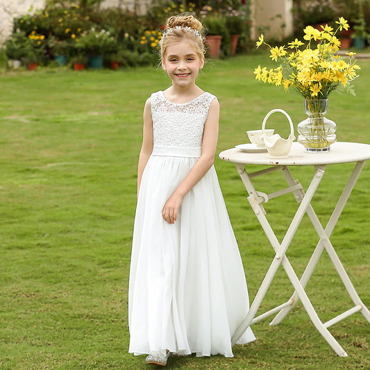 Cute Sleeveless Ivory Lace Flower Girls Dresses Solid Princess Gown for Kids