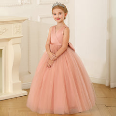 Girls' Cross Bust Flower Girl Dresses with Bow Sleeveless Silk Satin Tulle Gown