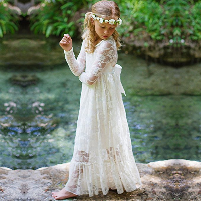 Soft Lace Flower Girl Dresses for Kids Long Sleeve Floor Length Communion Dress