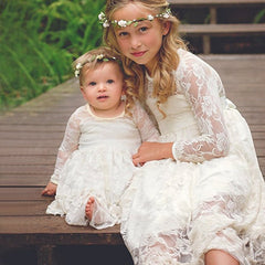 Soft Lace Flower Girl Dresses for Kids Long Sleeve Floor Length Communion Dress