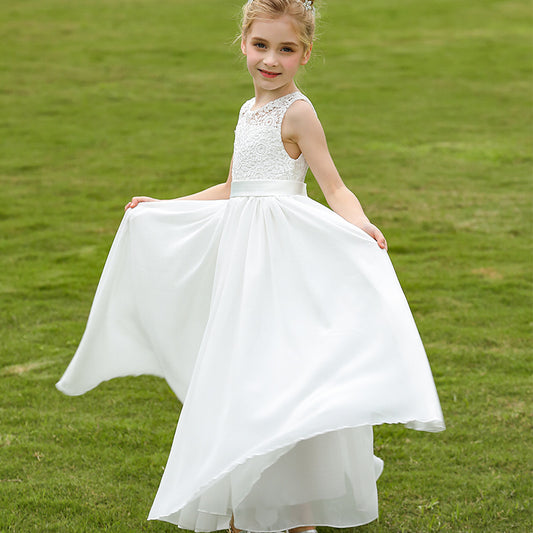 Cute Sleeveless Ivory Lace Flower Girls Dresses Solid Princess Gown for Kids