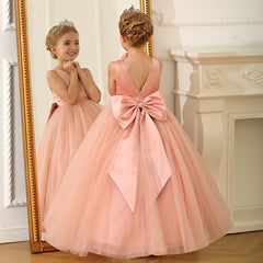 Girls' Cross Bust Flower Girl Dresses with Bow Sleeveless Silk Satin Tulle Gown