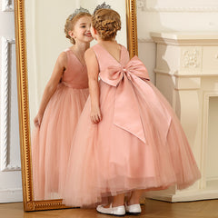 Girls' Cross Bust Flower Girl Dresses with Bow Sleeveless Silk Satin Tulle Gown