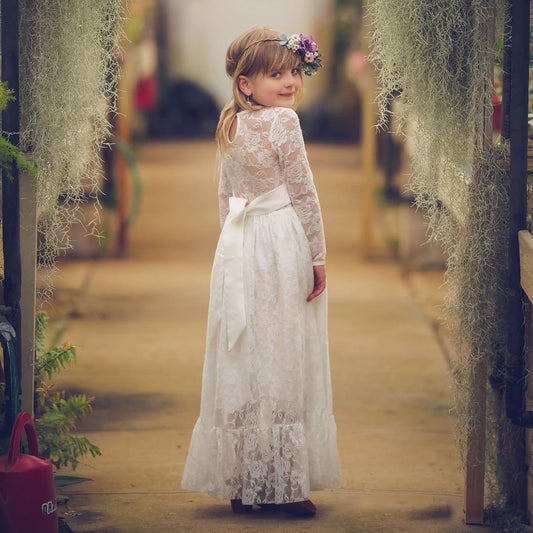 Soft Lace Flower Girl Dresses for Kids Long Sleeve Floor Length Communion Dress