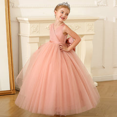 Girls' Cross Bust Flower Girl Dresses with Bow Sleeveless Silk Satin Tulle Gown