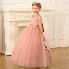 Girls' Cross Bust Flower Girl Dresses with Bow Sleeveless Silk Satin Tulle Gown