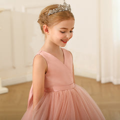 Girls' Cross Bust Flower Girl Dresses with Bow Sleeveless Silk Satin Tulle Gown