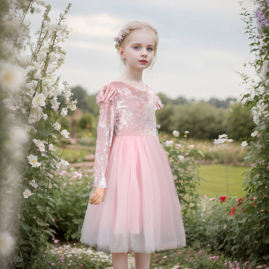 Kids Long Sleeve Velvet Princess Dresses Cute Round Neck Flower Girls Dress