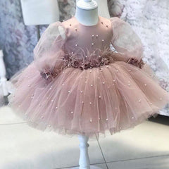 Cute Puff Sleeve Princess Dress with Feather Girls Birthday Party Gown with Bow