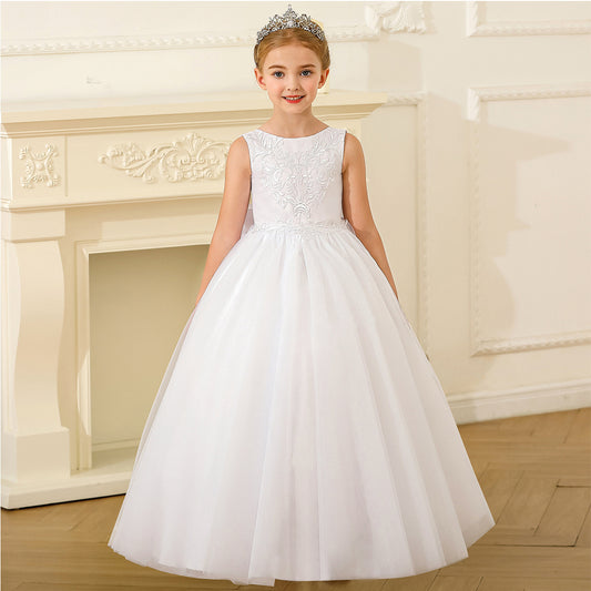 Kids Floor Length Prince Dresses with Bow V Back Sleeveless Flower Girls Dresses