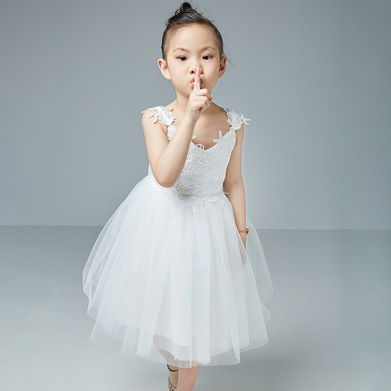 Girls Sleeveless V Neck Tulle Dress Simple Princess Flower Girl Dresses with Bow