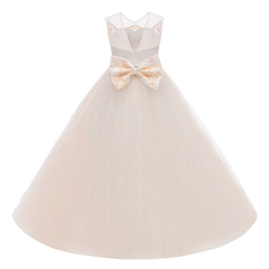 Girls Sleeveless Floor Length Princess Dress with Bow A Line Solid Communion Dress