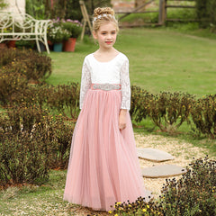 Kids Floor Length Princess Dresses Cute V Back Flower Girls Dresses Tulle Gown