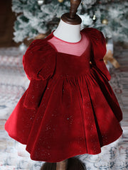 Kids Puffy Sleeve Red Velvet Princess Dress with Bow Sequins Holiday Party Gown