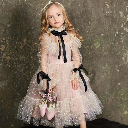 Girls Long Sleeve Birthday Party Dress with Bow A Line Princess Dresses