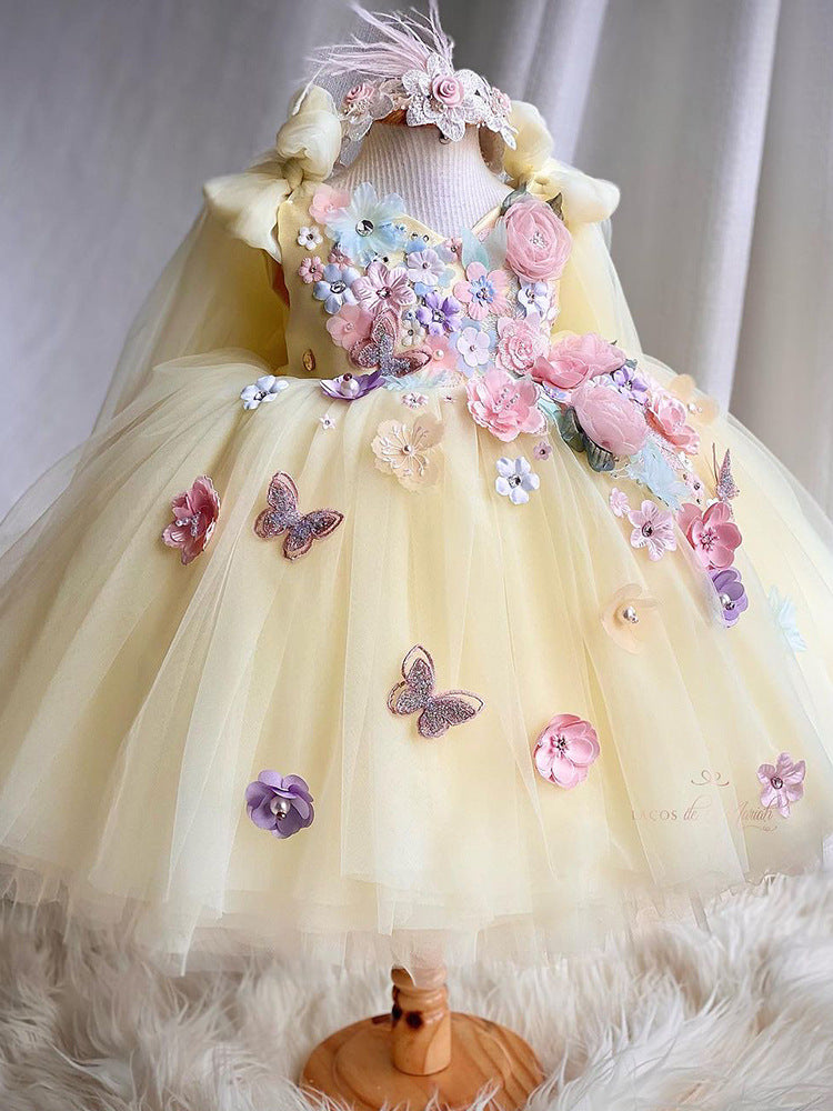 Cute Sleeveless Princess Dresses Butterfly Flower Girl Dresses Holiday Dresses with Bow