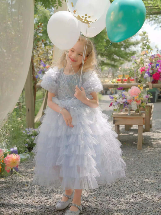 Cute Layer Birthday Party Dress Sequins Princess Gown Flower Girl Dresses Tea Length