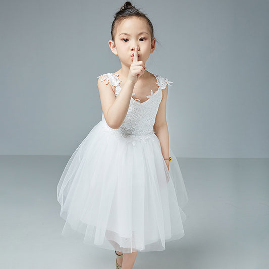 Girls Sleeveless V Neck Tulle Dress Simple Princess Flower Girl Dresses with Bow