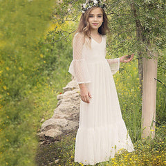 Kids Long Sleeve Ivory Lace Princess Dress Girls Floor Length Communion Dresses