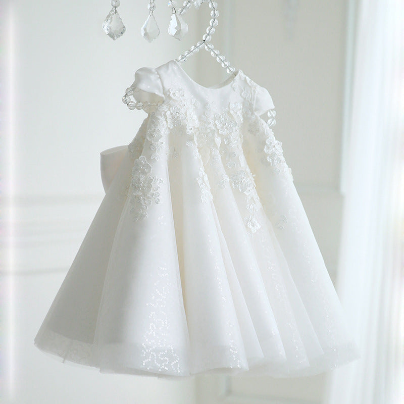 Flower Girl Dresses with Bow Lace Embroidery Communion Gown A Line Prince Dress