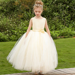 Sleeveless A Line Princess Dress for Girls Cute Flower Girl Dresses Floor Length Tulle Gown