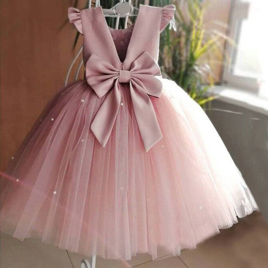 Cape Sleeve Girls Birthday Party Dreses with Bow A Line Tulle Gown for Kids