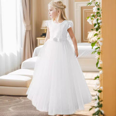 Round Neck Flower Girl Dresses Cape Sleeve Lace First Holy Communion Dress Tulle Gown