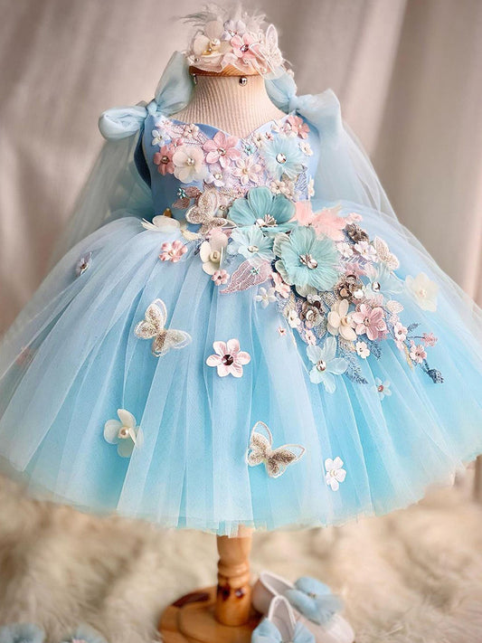 Blue Princess Dress Cute Flower Girls Dresses with Bow Tulle Gown Embroidery Butterfly Dress