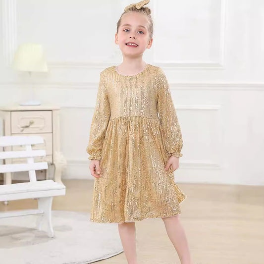 Sparkly Glitter Birthday Party Dress Kids Puffy Sleeve Round Neck Sequins Dress Cute Gown