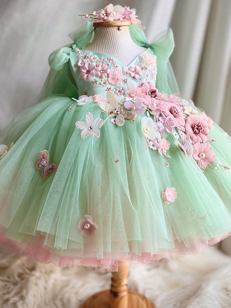 Fairy Princess Dress Cute Flower Girls Dresses with Bow Tulle Gown Embroidery Dress Green / 160 cm