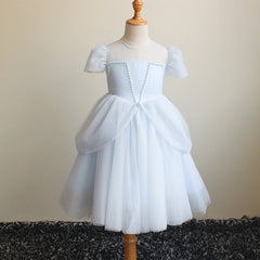 Cute Puff Sleeve Princess Dresses A Line Flower Girls Dresses Soft Tulle Gown