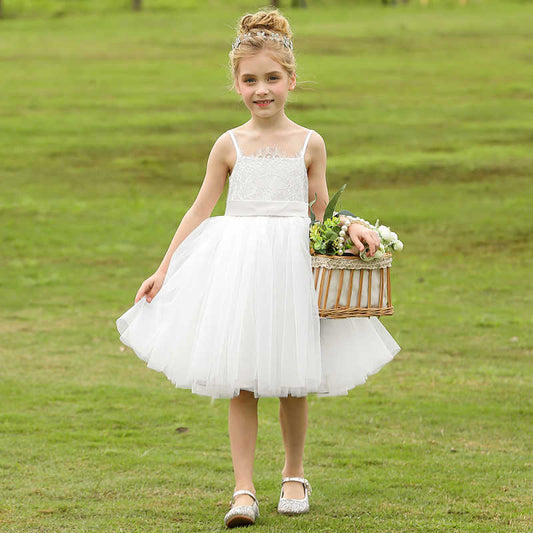 Cute A Line Flower Girls Dresses with Bow Spaghetti Strap Princess Dress Tulle Gown