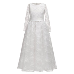 Girls Long Sleeve White Lace Flower Girl Dresses Floor Length Prince Gowns