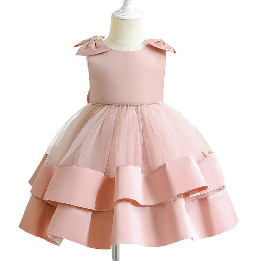 Cute Sleeveless Princess Dresses Kids Layer Cake Dress with Bow