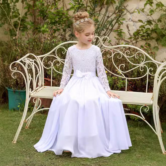 Cute Lace Flower Girl Dresses with Bow Long Sleeve Full Length Communion Dress