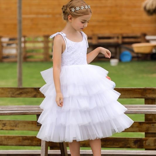 Cute Kids Layer Cake Princess Dress Round Neck White Lace Flower Girls Dresses