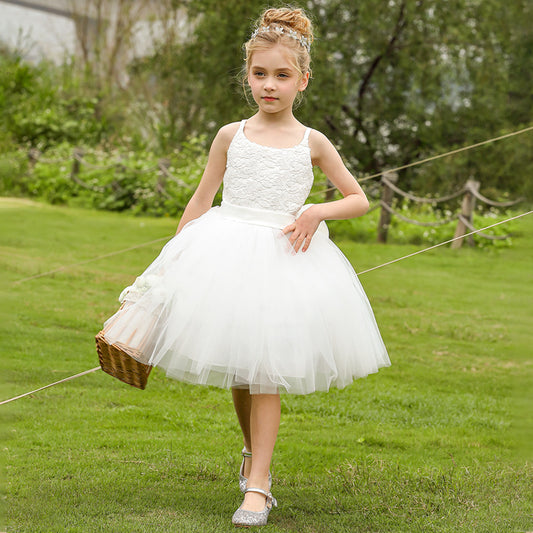 Cute Slip Flower Girls Dresses Sleeveless A Line V Back Tulle Gown with Bow