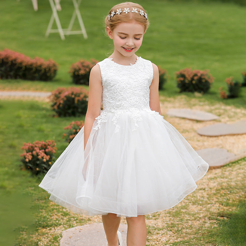 Sleeveless Flower Girl Dresses Cute A Line Solid Princess Dress Round Neck Tulle Gown